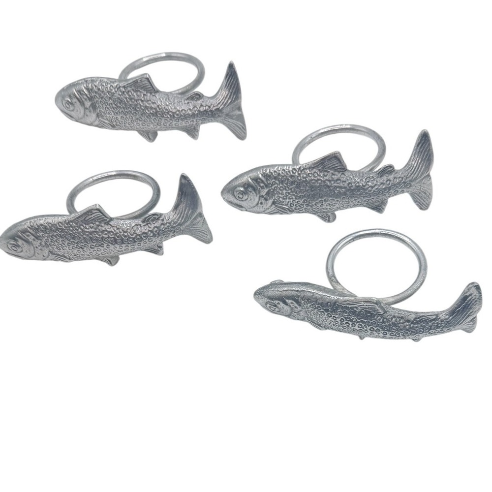 Vintage Silver Pewter Fish Napkin Rings Set of 4 Trout Salmon Cabin Decor 4.5"